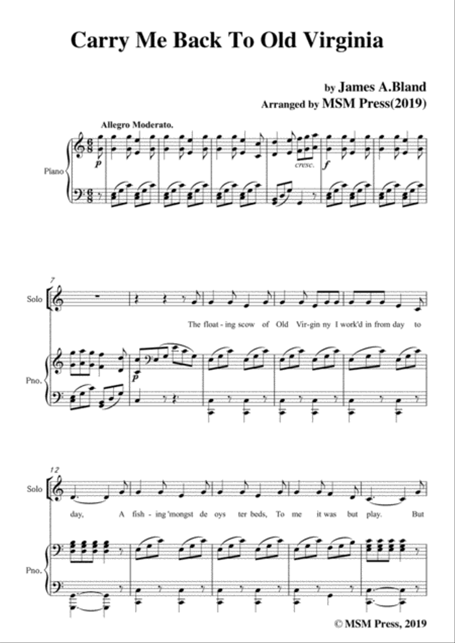 James A. Bland-Carry Me Back To Old Virginny,in C Major,for Voice &Pno Voice scores gallery preview page 3