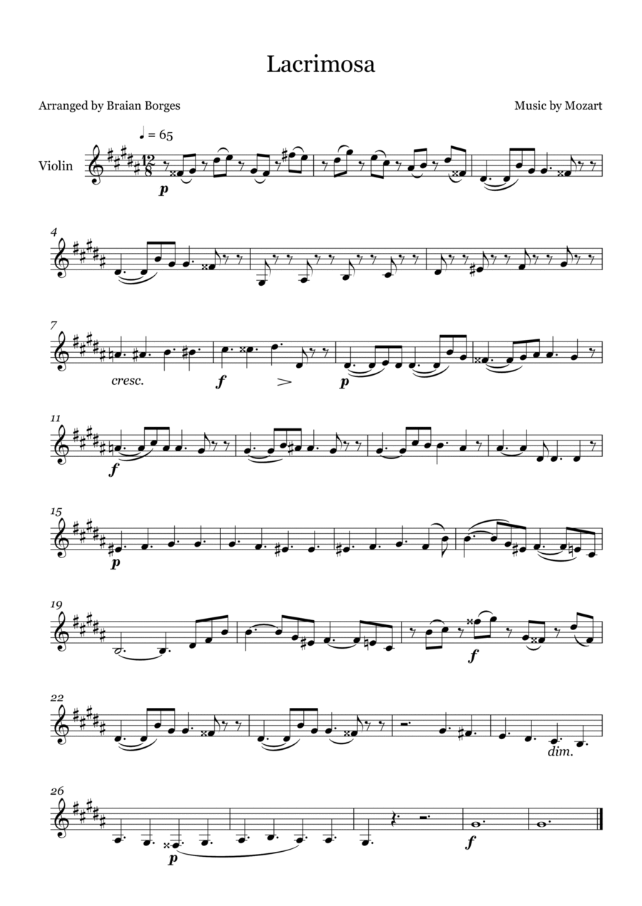 Lacrimosa in B Major - For Violin Violin Solo scores gallery preview page 1