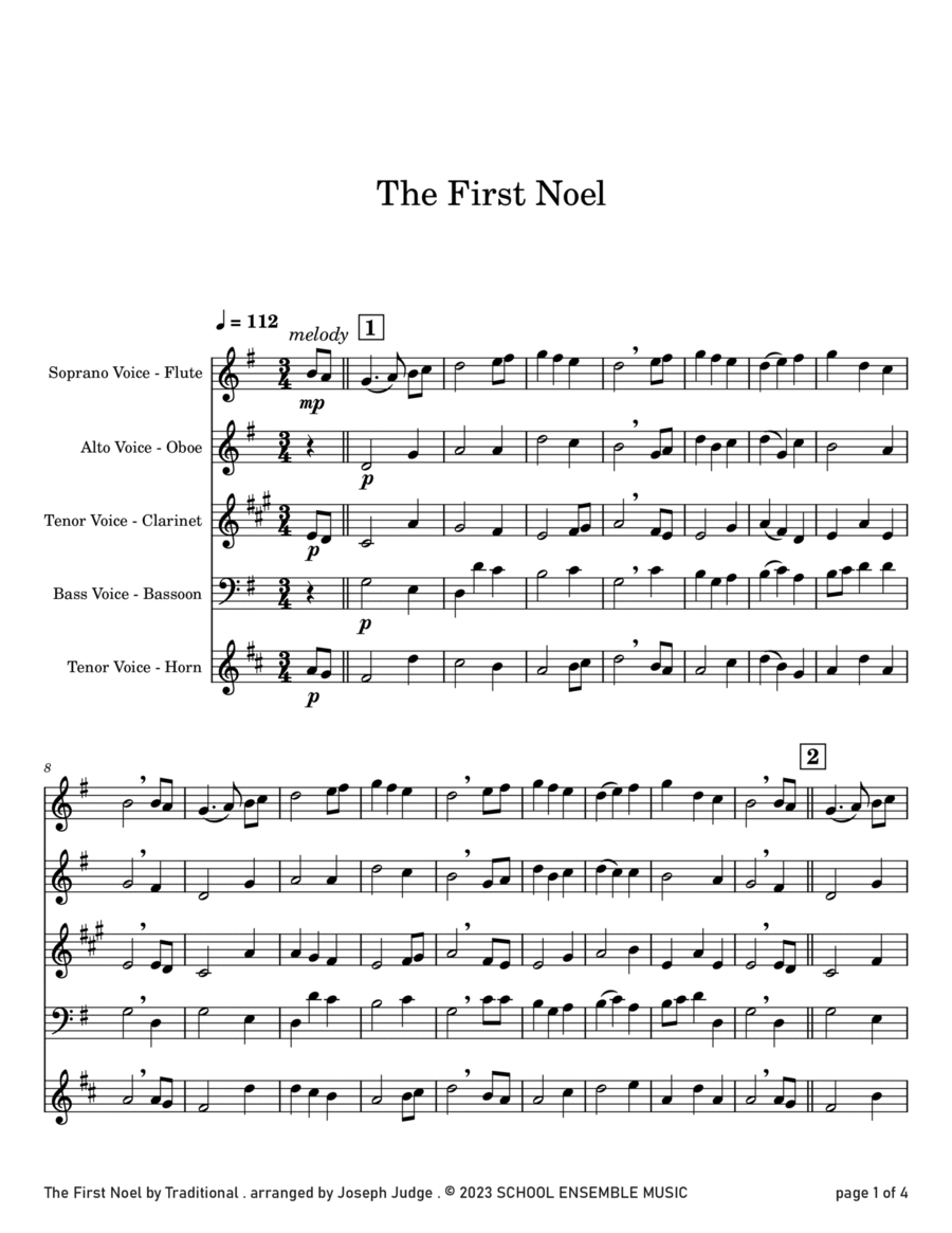 The First Noel for Woodwind Quartet in Schools Woodwind Quartet scores gallery preview page 1