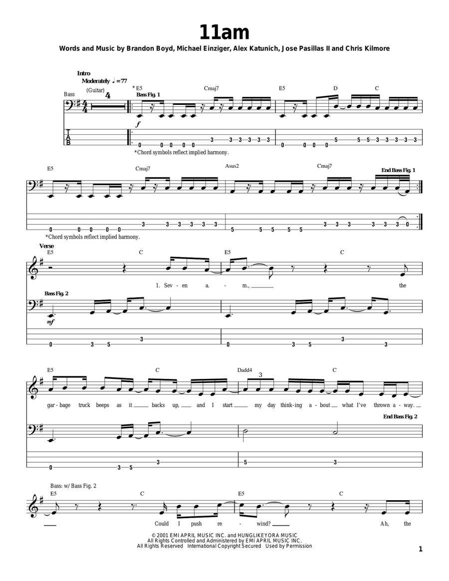 11am 11am Bass Guitar Tablature scores gallery preview page 1