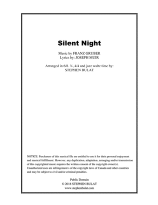 Book cover for Silent Night - Lead sheet arranged in 6/8, 3/4, 4/4 and jazz waltz time (key of C)