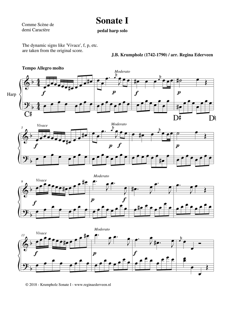 Sonate I by J.B. Krumpholz - pedal harp solo Pedal Harp scores gallery preview page 1