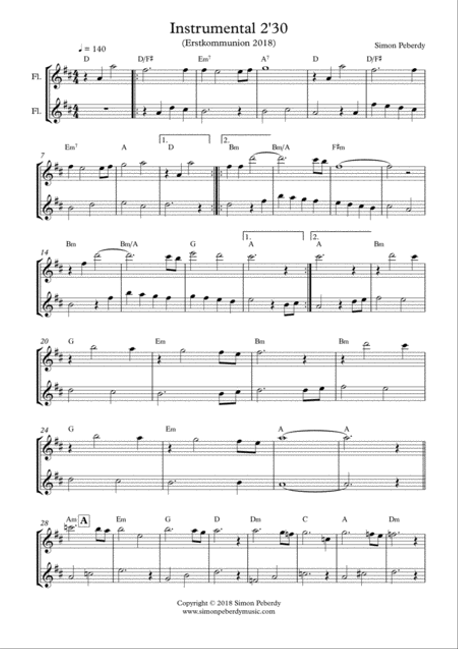 Melodious Instrumental Interlude 2'30 in D for 2 flutes, guitar and/or piano by Simon Peberdy Flute scores gallery preview page 5