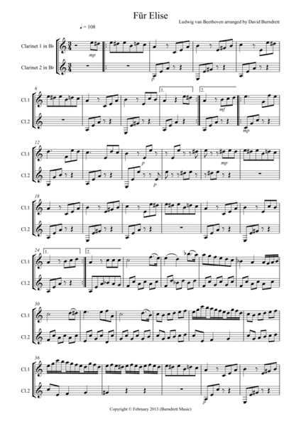 Für Elise for Clarinet Duet image number null