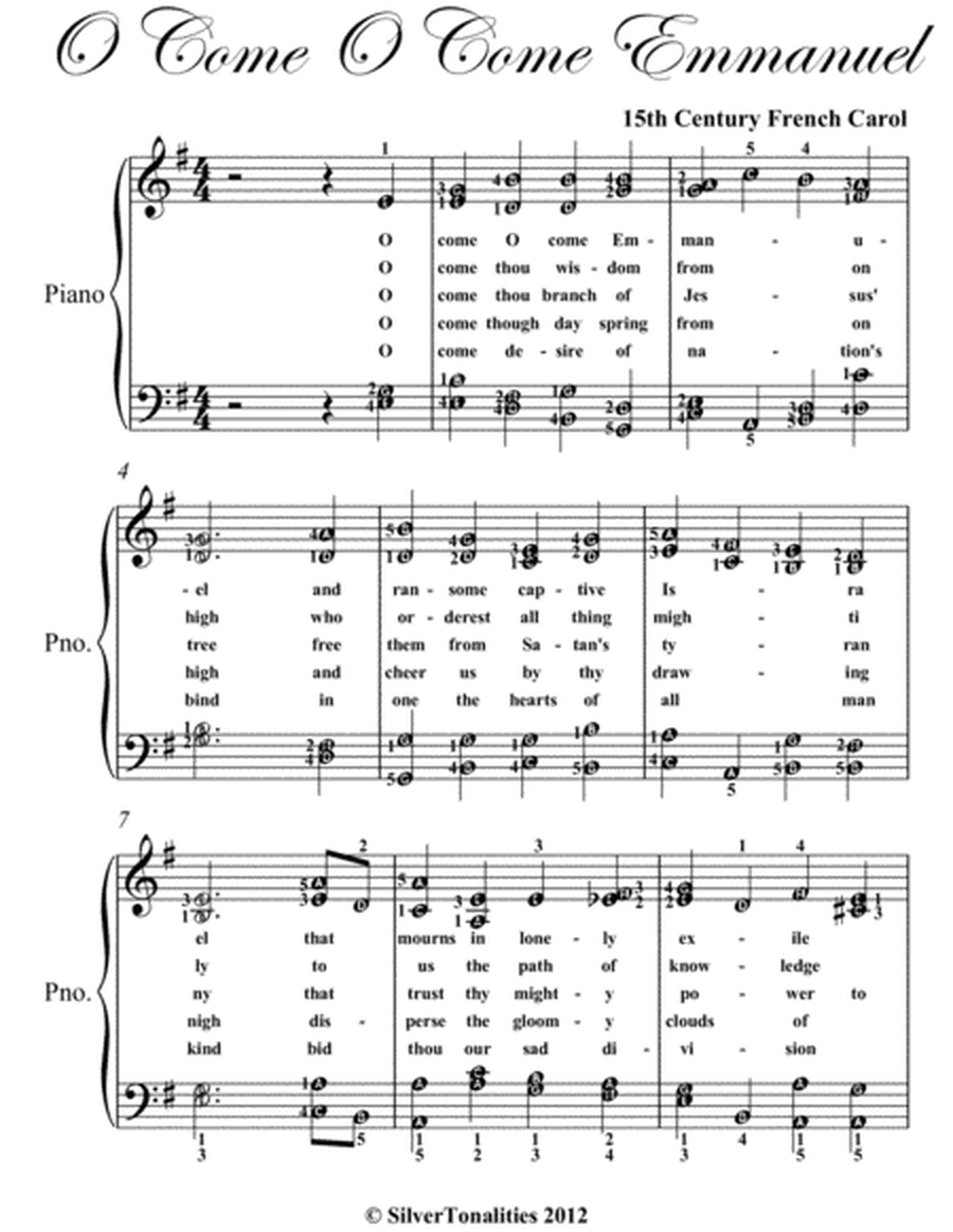 O Come O Come Emmanuel Elementary Piano Sheet Music