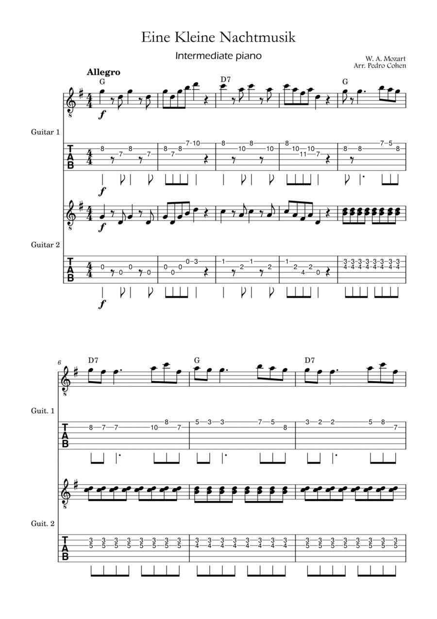 Eine Kleine Nachtmusik - guitar version w/ chords (tab + traditional notation) Guitar Ensemble scores gallery preview page 1