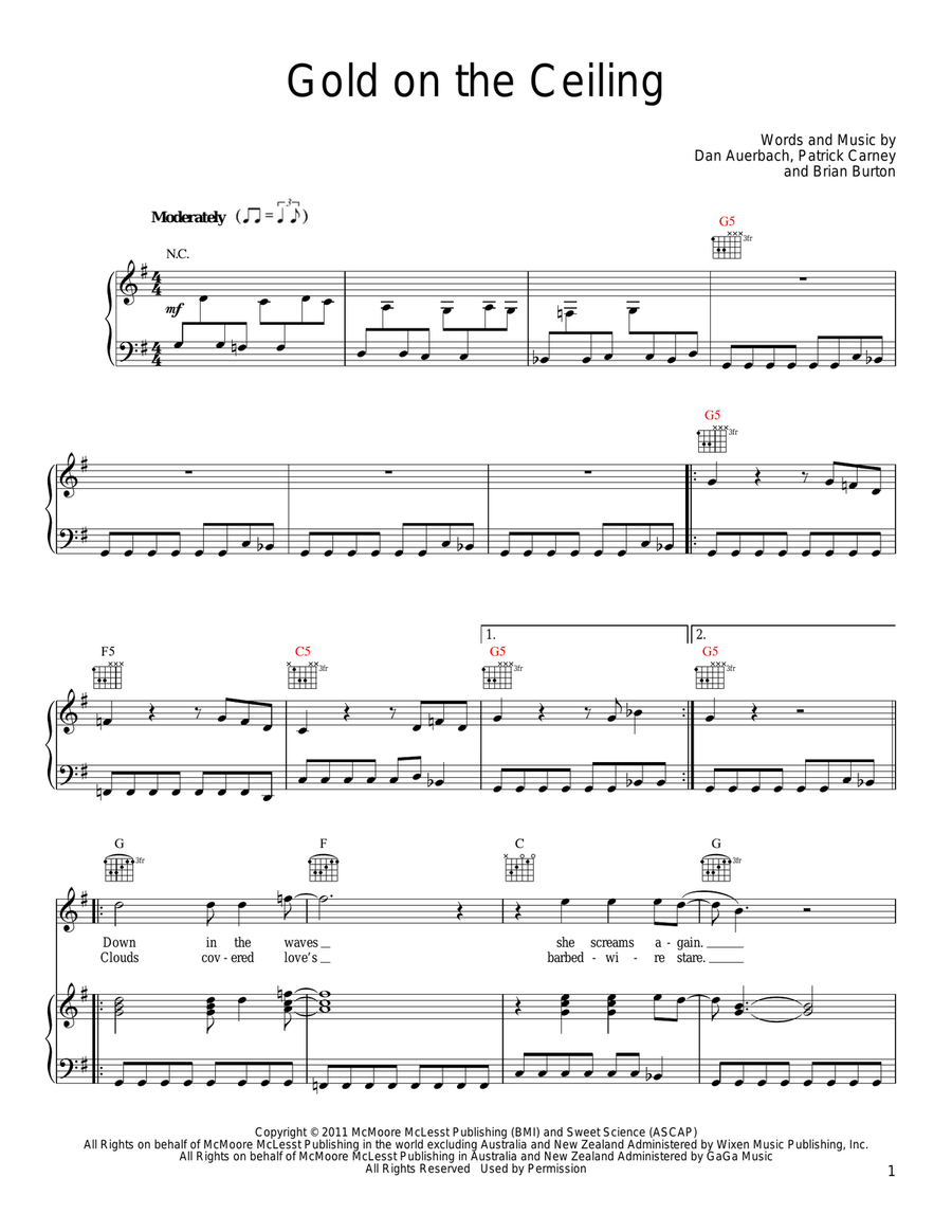 Gold On The Ceiling Gold On The Ceiling Piano, Vocal, Guitar scores gallery preview page 1