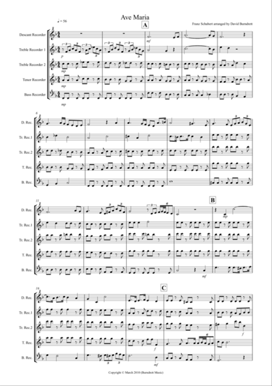 Ave Maria for Recorder Quintet Recorder scores gallery preview page 1