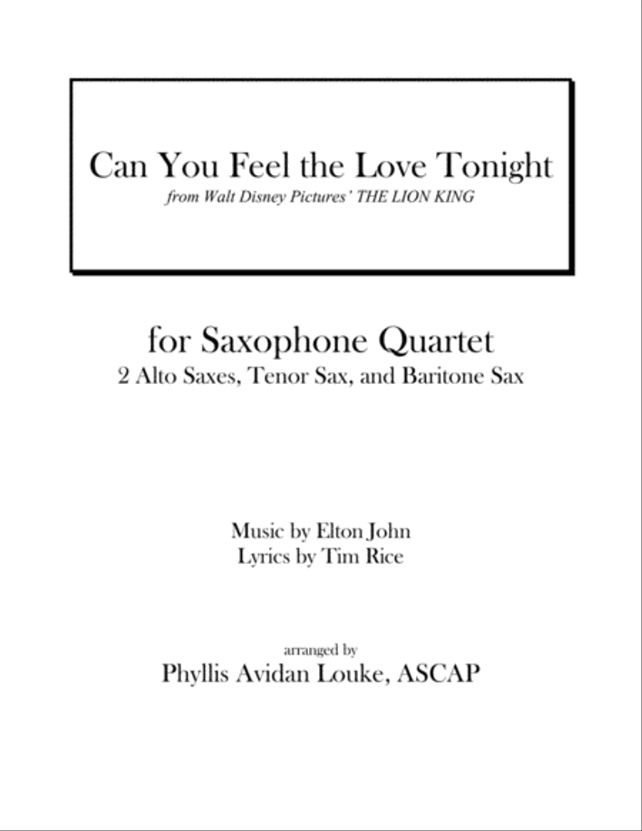 Can You Feel The Love Tonight Saxophone Quartet scores gallery preview page 1
