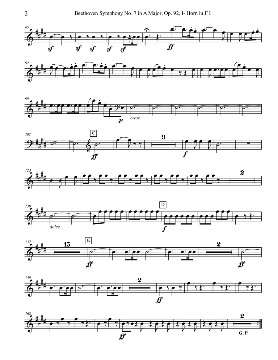 Beethoven Symphony No. 7, Movement I - Horn in F 1 (Transposed Part), Op. 92 Horn Solo scores gallery preview page 2
