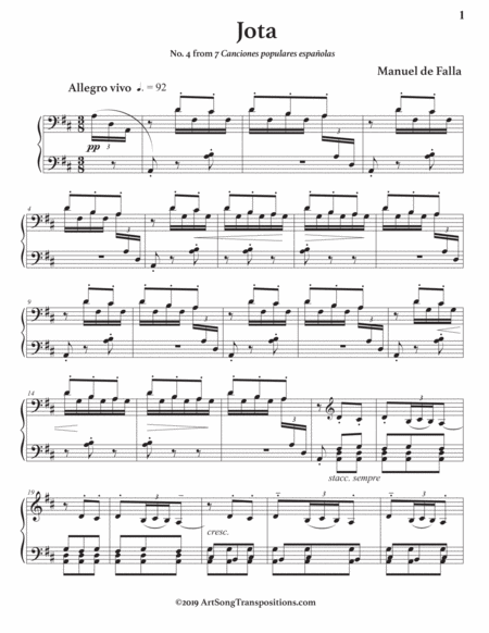 DE FALLA: Jota (transposed to D major, bass clef)
