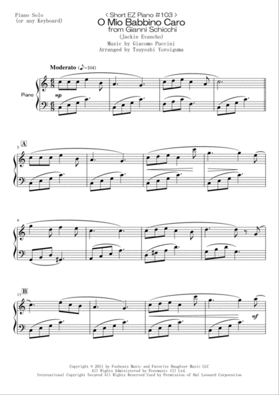 O Mio Babbino Caro O Mio Babbino Caro Easy Piano scores gallery preview page 1