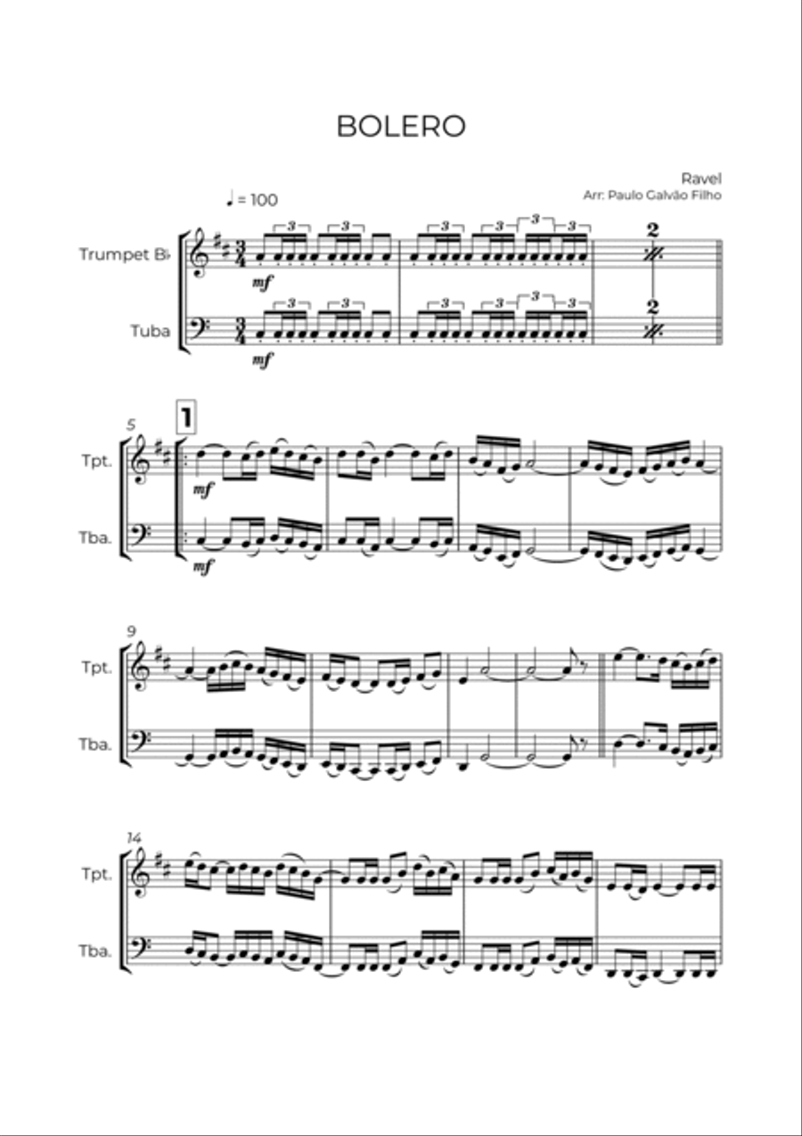 BOLERO - RAVEL - TRUMPET & TROMBONE Brass Duet scores gallery preview page 2