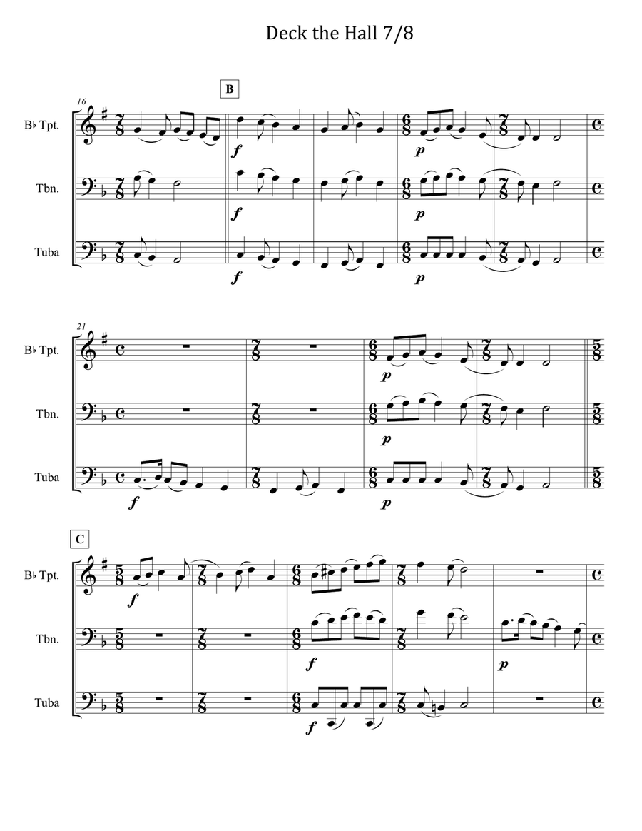 Deck the Halls 7/8 for Brass Trio (Trumpet, Trombone, Tuba) Brass Trio scores gallery preview page 2