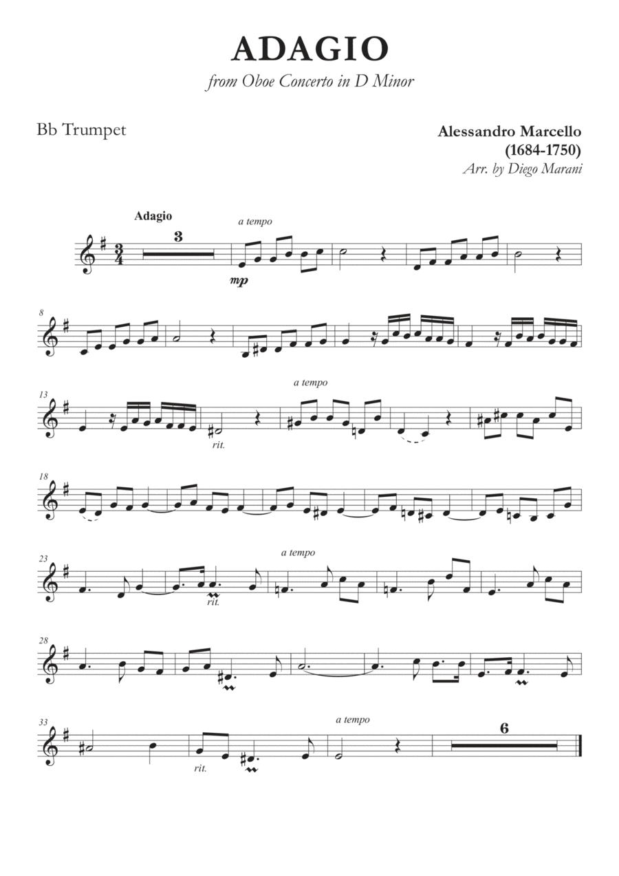 Marcello's Adagio for Trumpet and Piano B-Flat Trumpet scores gallery preview page 1
