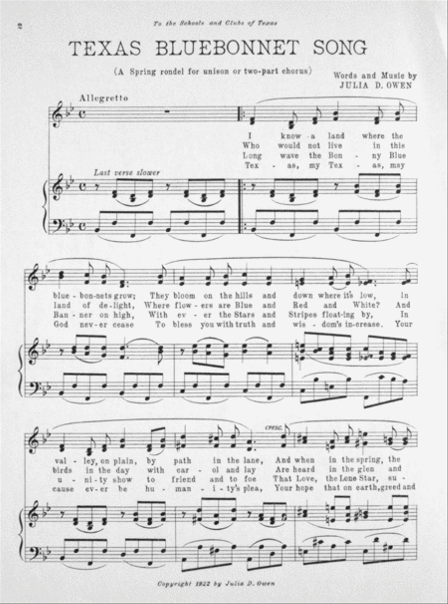 Texas Bluebonnet Song (A Spring rondel for unison or two-part chorus) Unison Choir scores gallery preview page 2