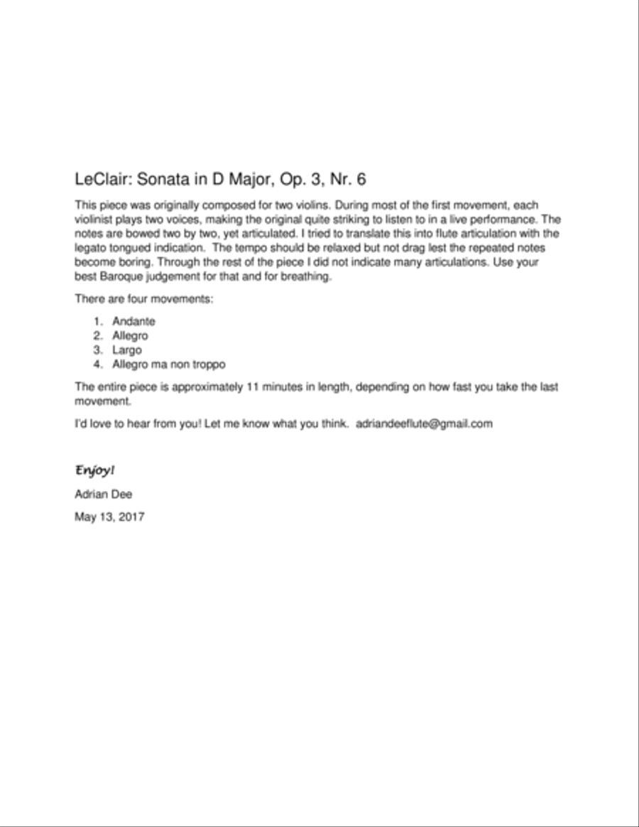 Sonata in D Major, Op 3 Nr 6, arr. Flute Quartet Flute Quartet scores gallery preview page 2