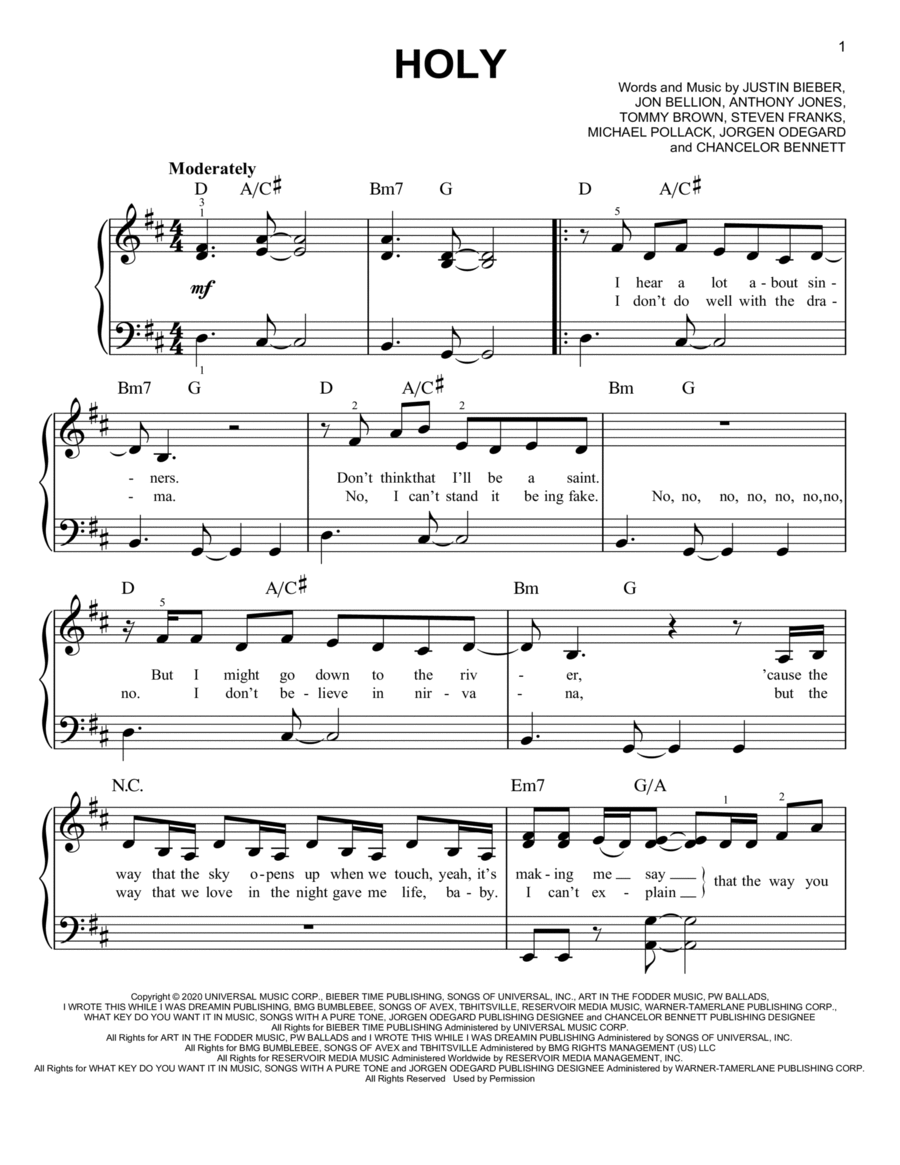 Holy (feat. Chance the Rapper) Easy Piano scores gallery preview page 1