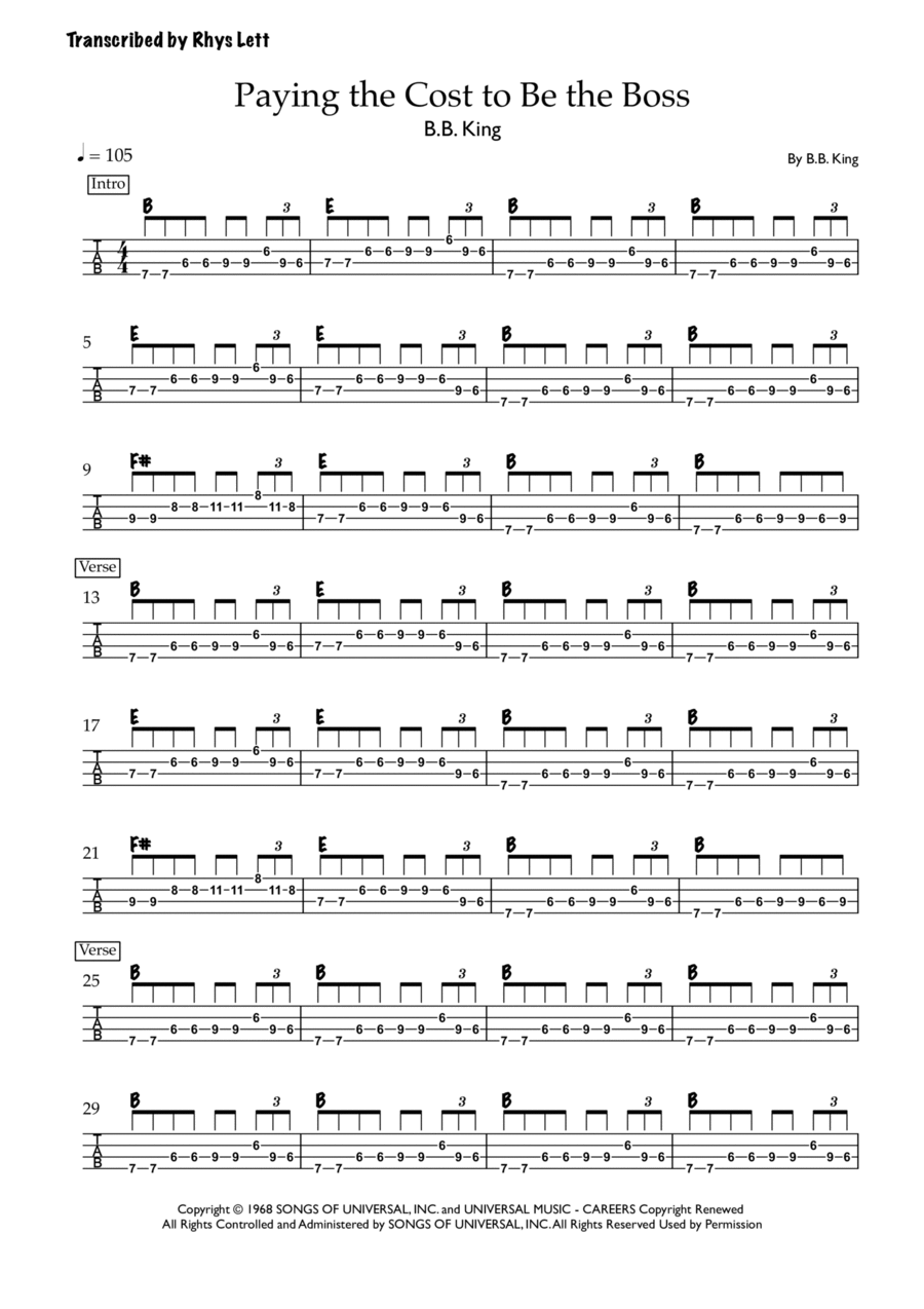 Paying The Cost To Be The Boss Bass Guitar Tablature scores gallery preview page 1