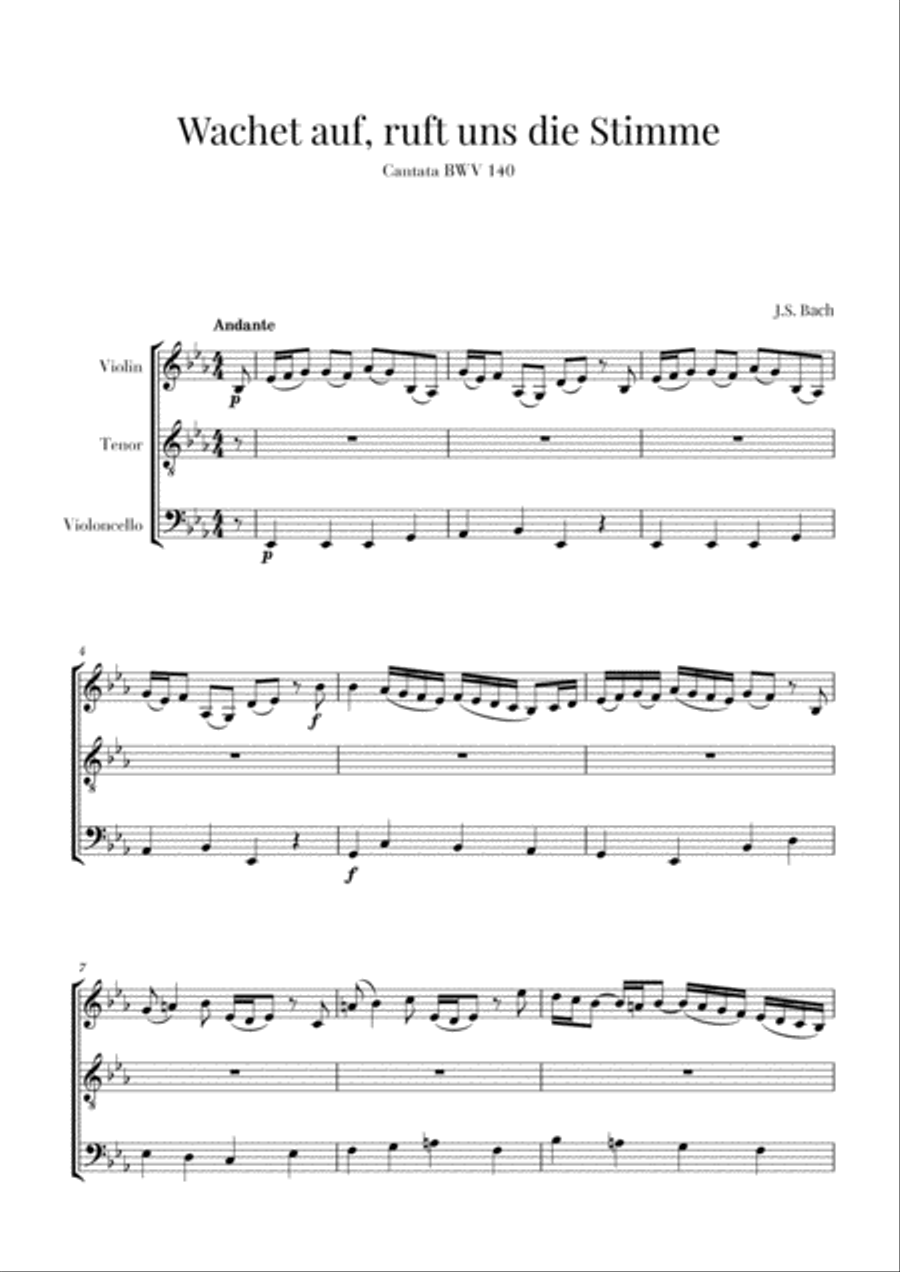 Bach - Wachet auf, ruft uns die Stimme BWV 140 (for Violin, Tenor and Cello) Small Ensemble scores gallery preview page 1