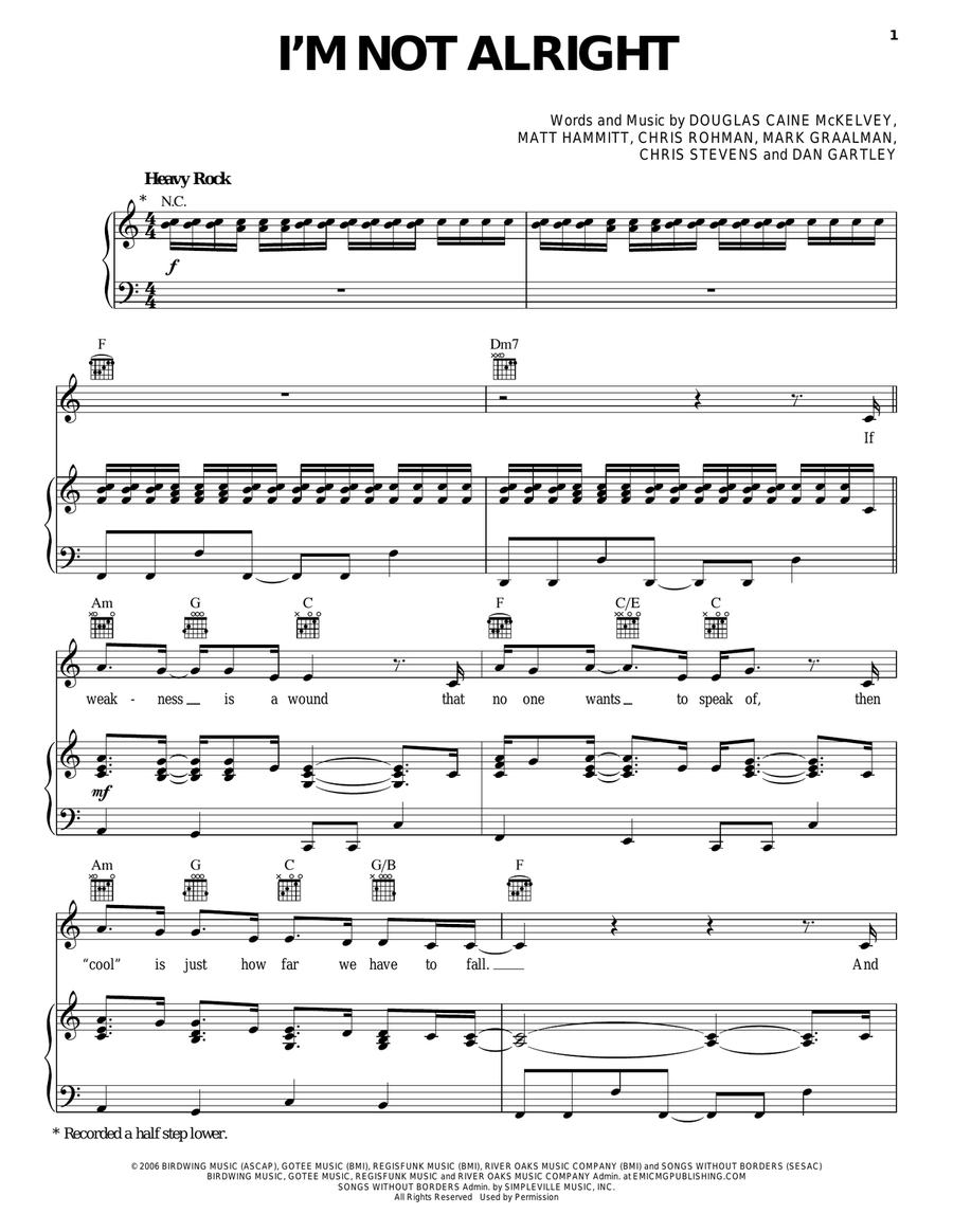 I'm Not Alright Piano, Vocal, Guitar scores gallery preview page 1