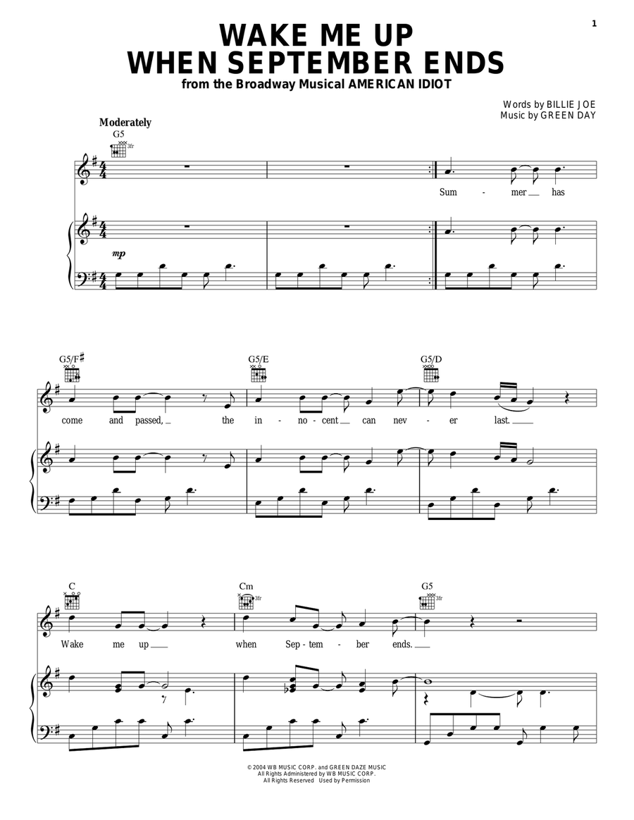 Wake Me Up When September Ends Piano, Vocal, Guitar scores gallery preview page 1