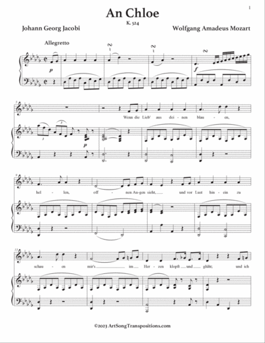 MOZART: An Chloe, K. 524 (transposed to D-flat major) Voice scores gallery preview page 2