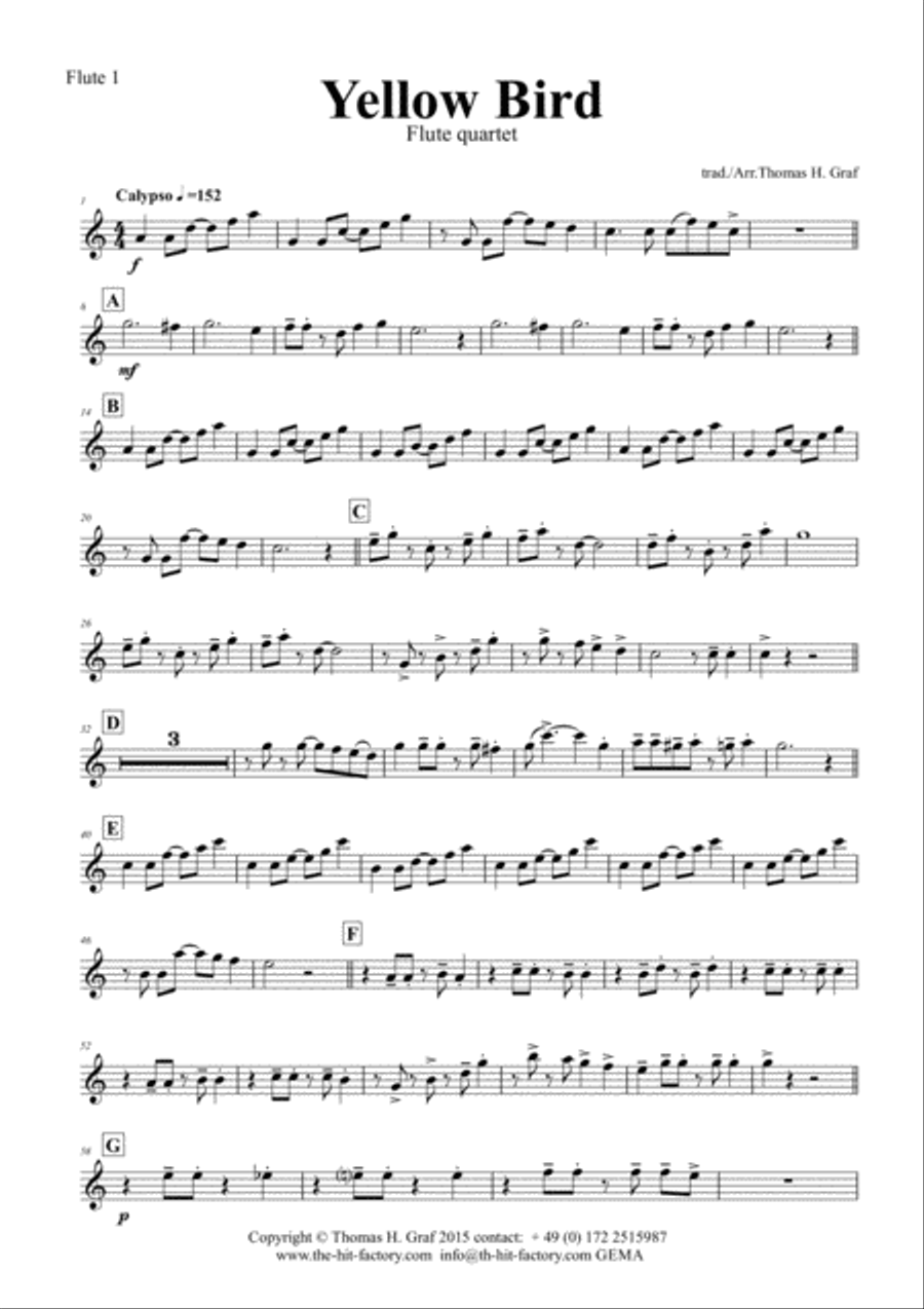Yellow Bird - Haitian Folk Song - Calypso - Flute Quartet Flute Quartet scores gallery preview page 6