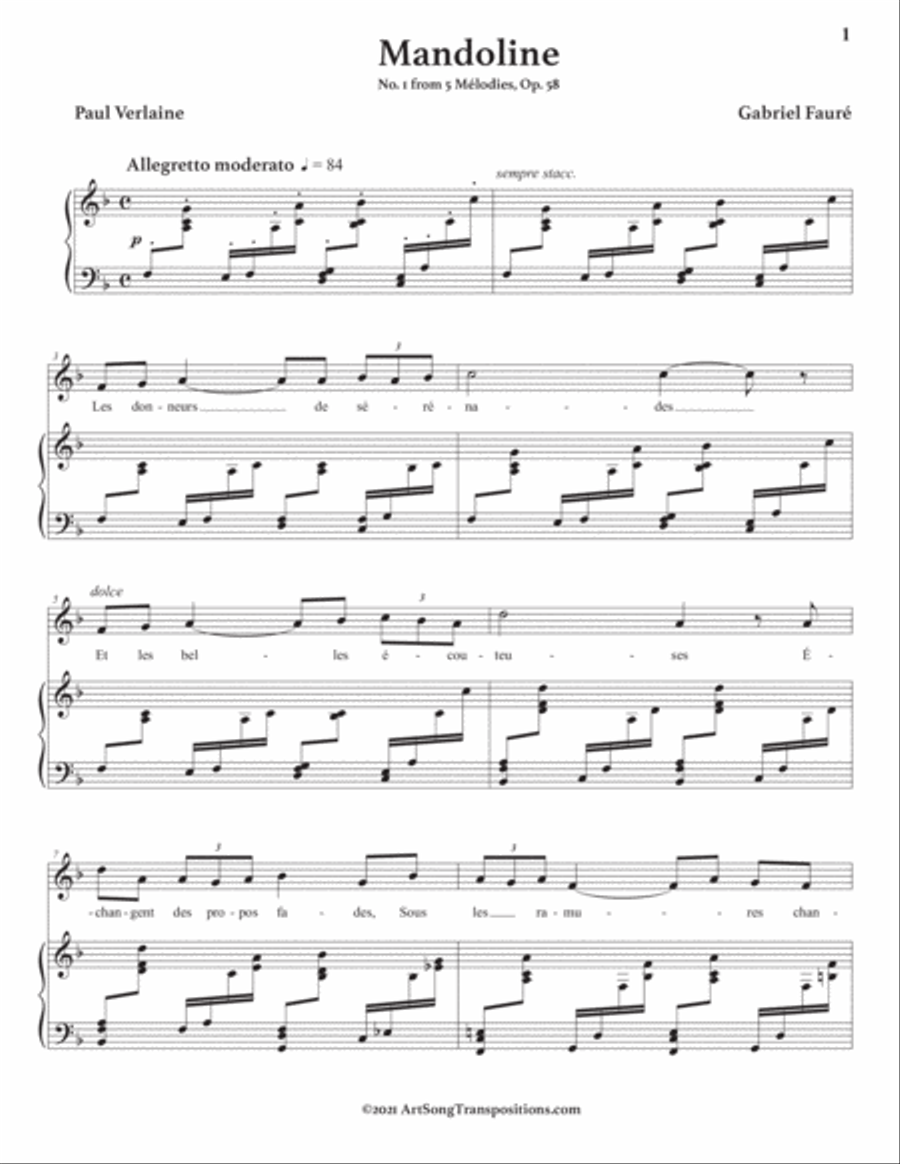 FAURÉ: Mandoline, Op. 58 no. 1 (transposed to F major) Voice scores gallery preview page 2