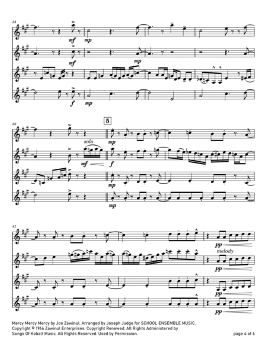 Mercy, Mercy, Mercy Mercy, Mercy, Mercy Clarinet Quartet scores gallery preview page 4