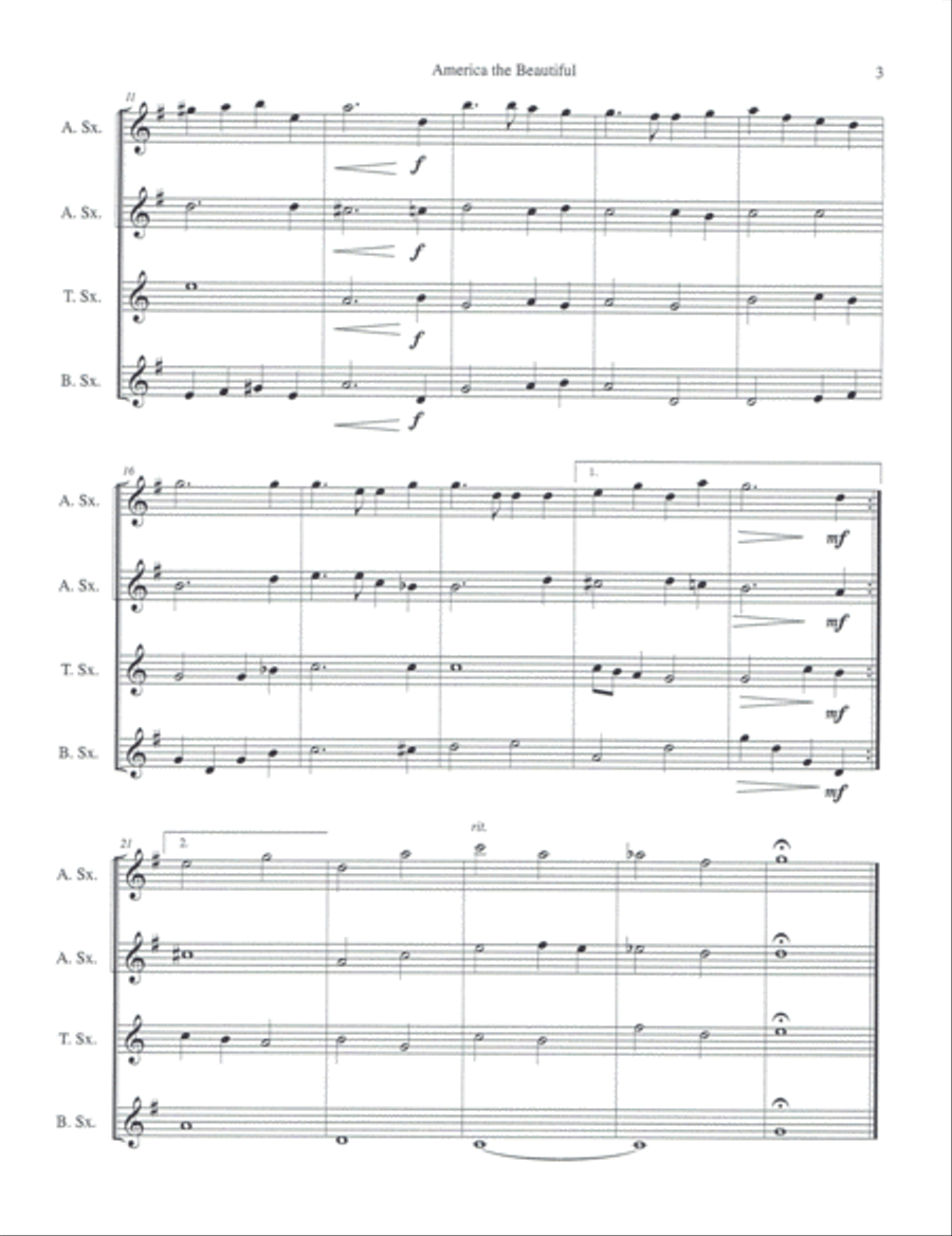 America the Beautiful for Saxophone Quartet (SATB or AATB) America the Beautiful for Saxophone Quartet (SATB or AATB) Saxophone Quartet scores gallery preview page 3