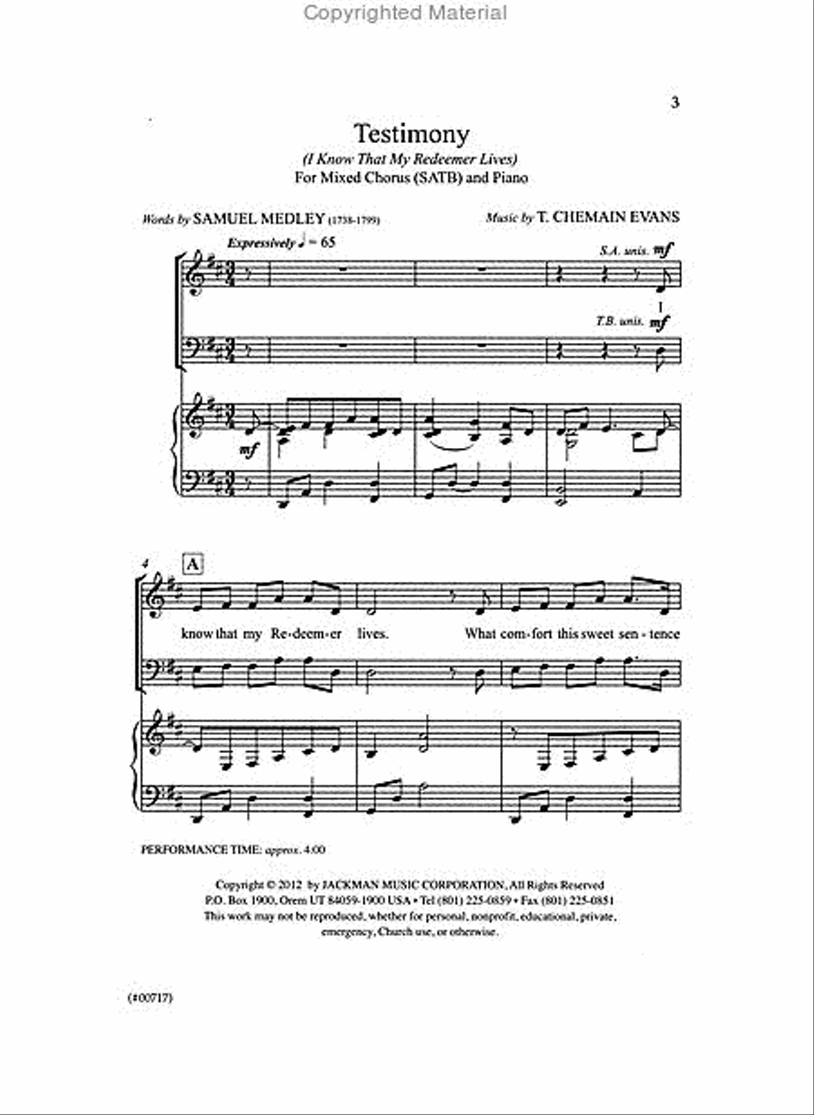 Testimony (I Know That My Redeemer Lives) - SATB 4-Part scores gallery preview page 2