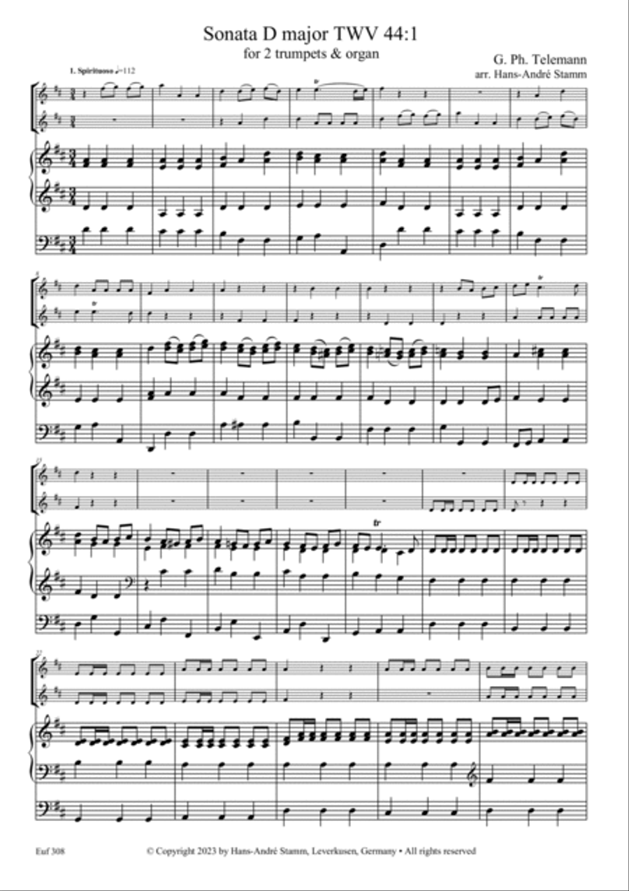 G. Ph. Telemann Sonata D major TWV 44:1 Trumpet Duet scores gallery preview page 2