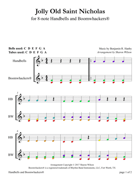 Jolly Old Saint Nicholas for 8-note Bells and Boomwhackers (with Color Coded Notes) image number null