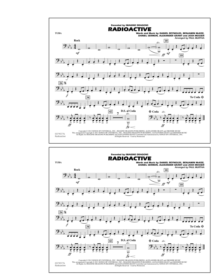 Radioactive - Tuba Radioactive - Tuba Marching Band scores gallery preview page 1