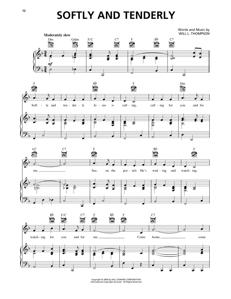 Softly And Tenderly Piano, Vocal, Guitar scores gallery preview page 1