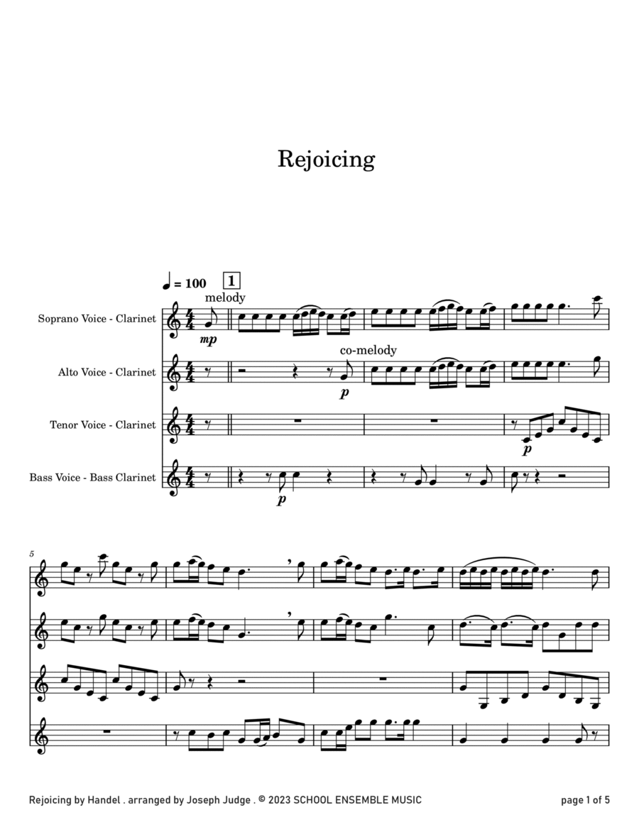 Rejoicing by Handel for Clarinet Quartet in Schools Clarinet Quartet scores gallery preview page 1
