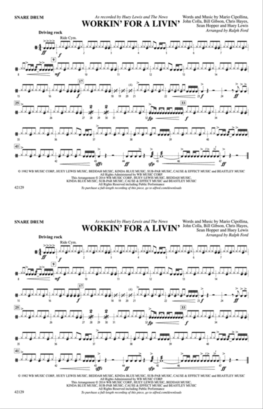Workin' for a Livin': Snare Drum Marching Band scores gallery preview page 1