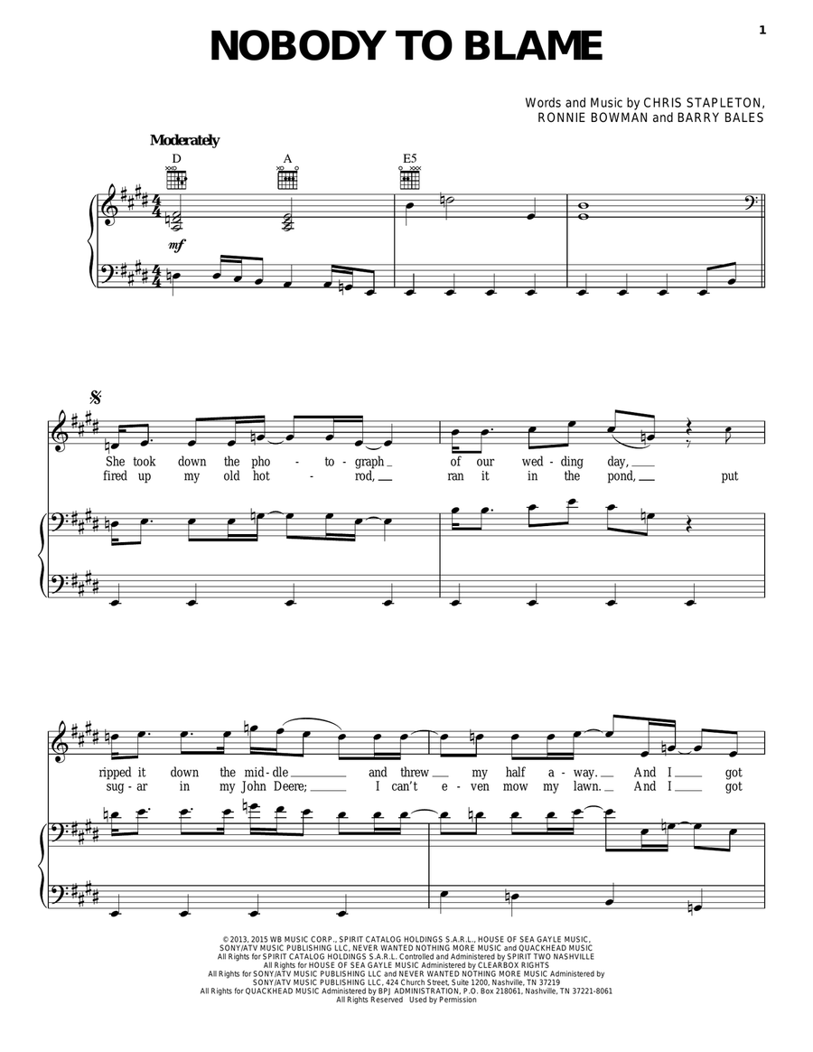 Nobody To Blame Piano, Vocal, Guitar scores gallery preview page 1