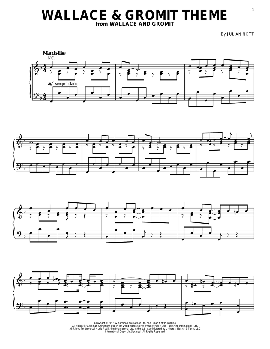 Wallace And Gromit Theme Wallace And Gromit Theme Piano, Vocal, Guitar scores gallery preview page 1