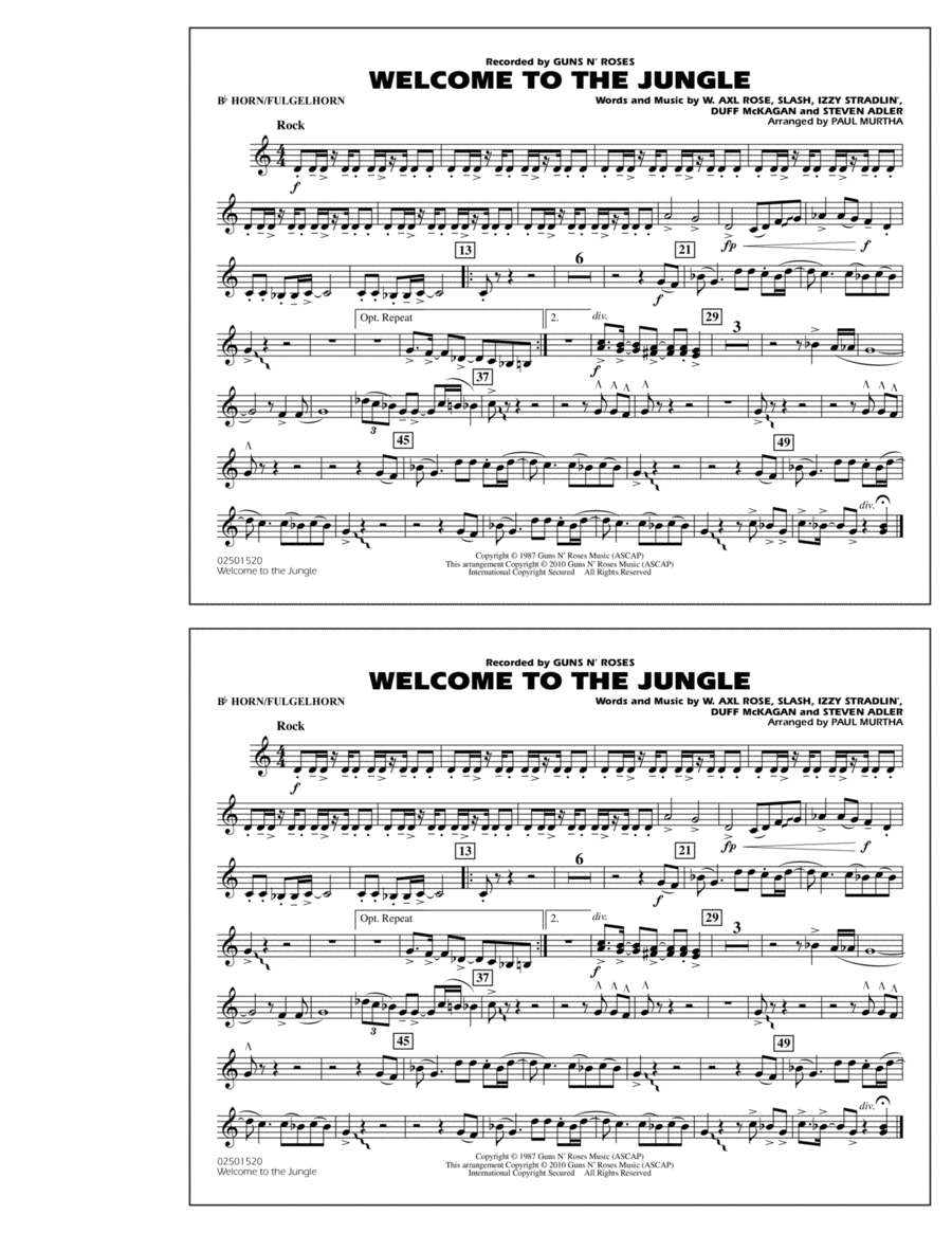 Welcome To The Jungle - Bb Horn/Flugelhorn Marching Band scores gallery preview page 1