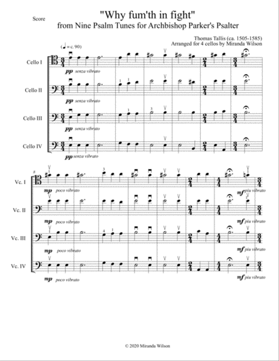Thomas Tallis, Why Fum'th In Fight for 4 Cellos String Quartet scores gallery preview page 1