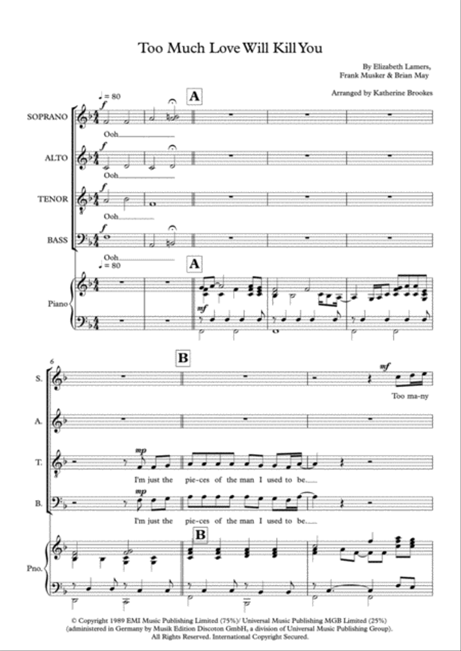 Too Much Love Will Kill You 4-Part scores gallery preview page 1