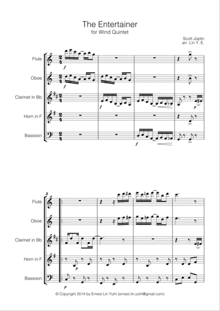 Scott Joplin - The Entertainer for Wind Quintet Woodwind Quintet scores gallery preview page 2