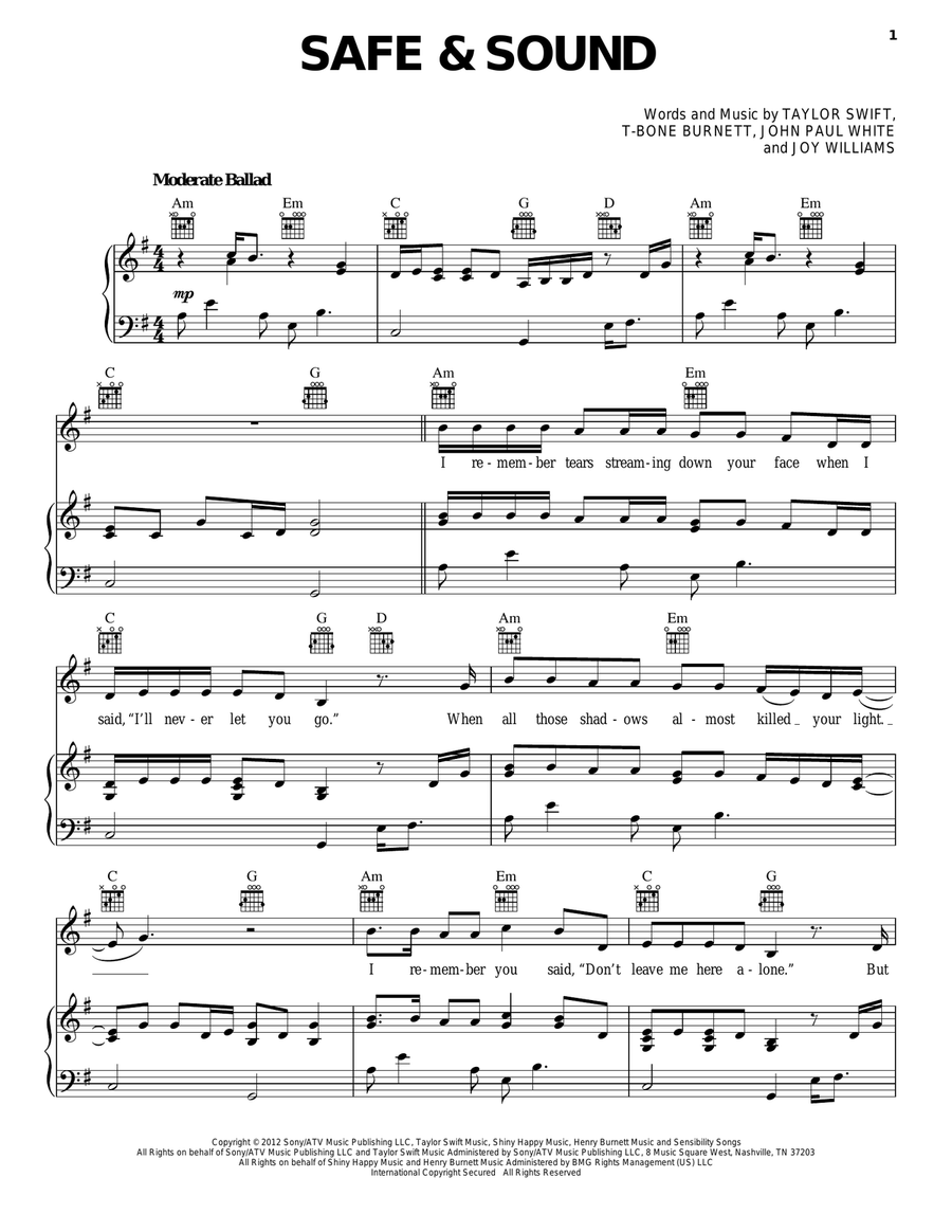 Safe & Sound (feat. The Civil Wars) (from The Hunger Games) Piano, Vocal, Guitar scores gallery preview page 1