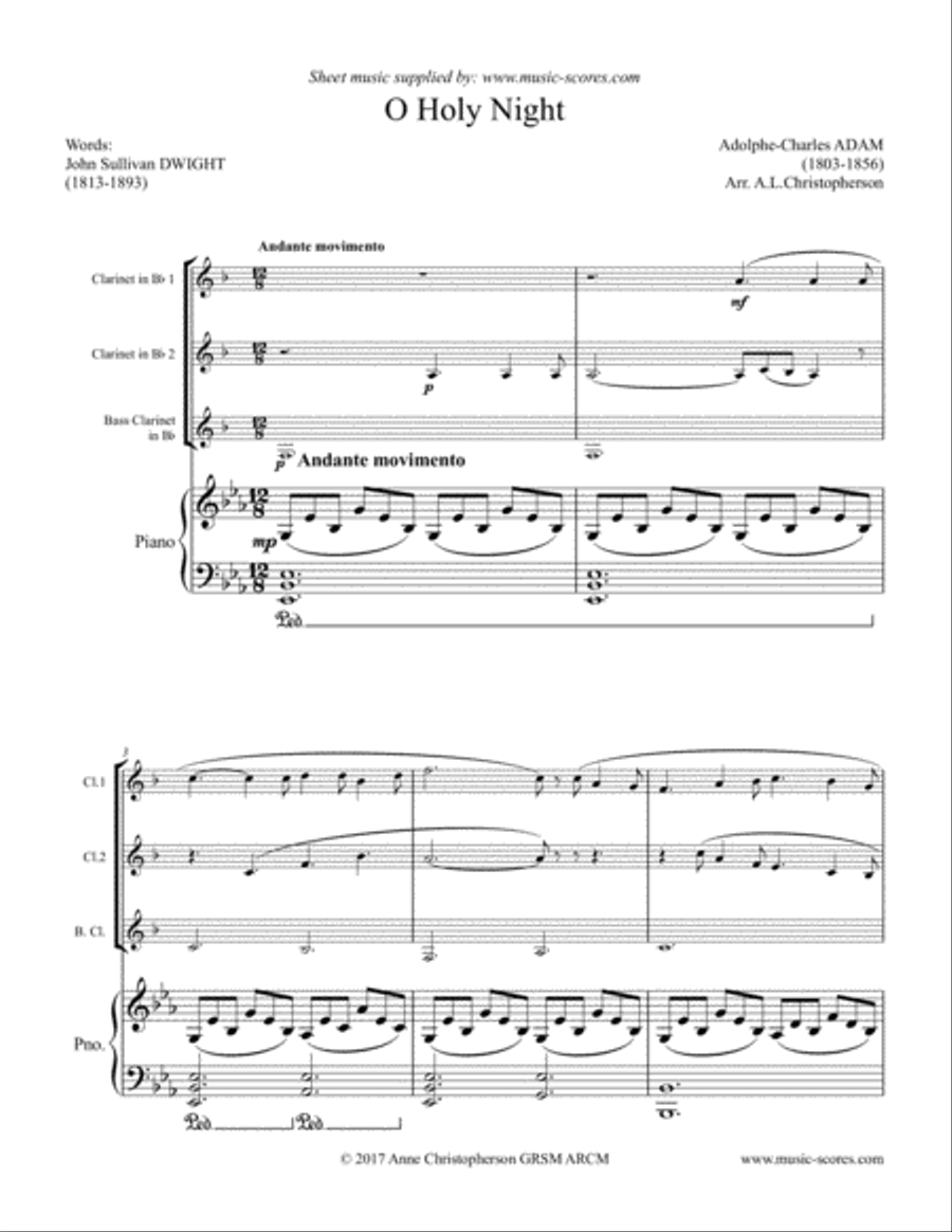 Cantique de Noel; O Holy Night - 2 Clarinets, Bass Clarinet and Piano Bass Clarinet scores gallery preview page 1
