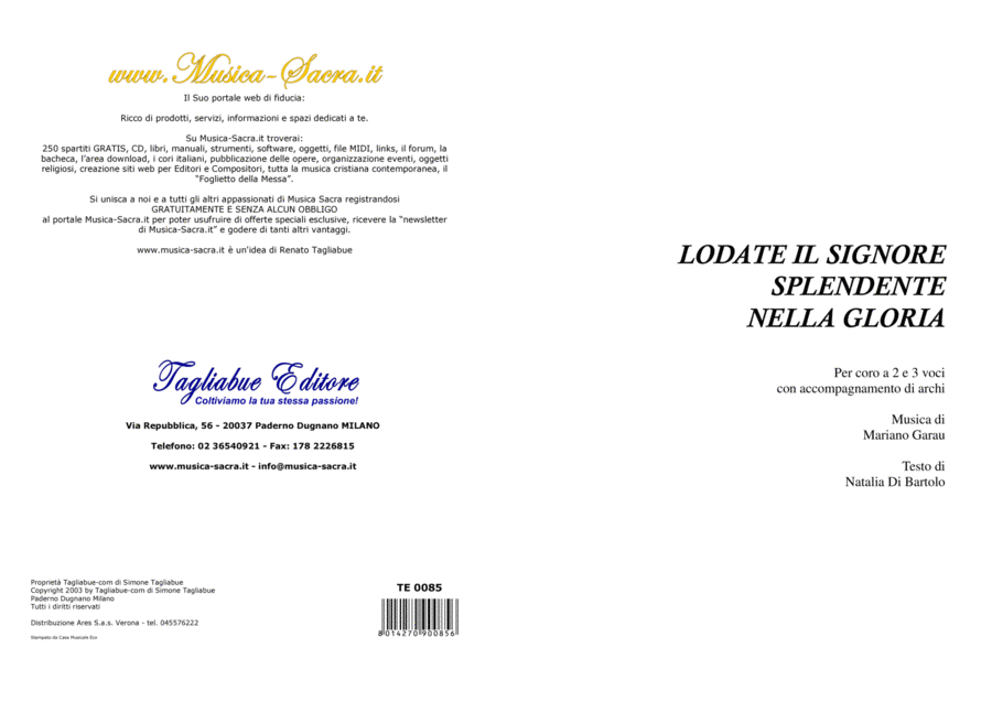 LODATE IL SIGNORE SPLENDENTE NELLA GLORIA - Mariano Garau Voice scores gallery preview page 1