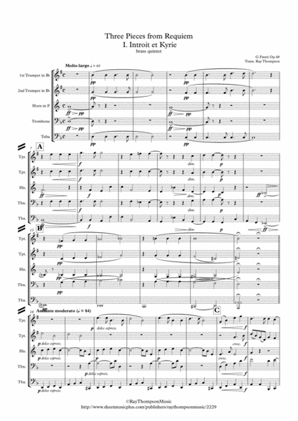 Faure: Requiem Op.48: 3 pieces: I.Introit et Kyrie IV. Pie Jesu & VI.Libera Me - brass quintet image number null