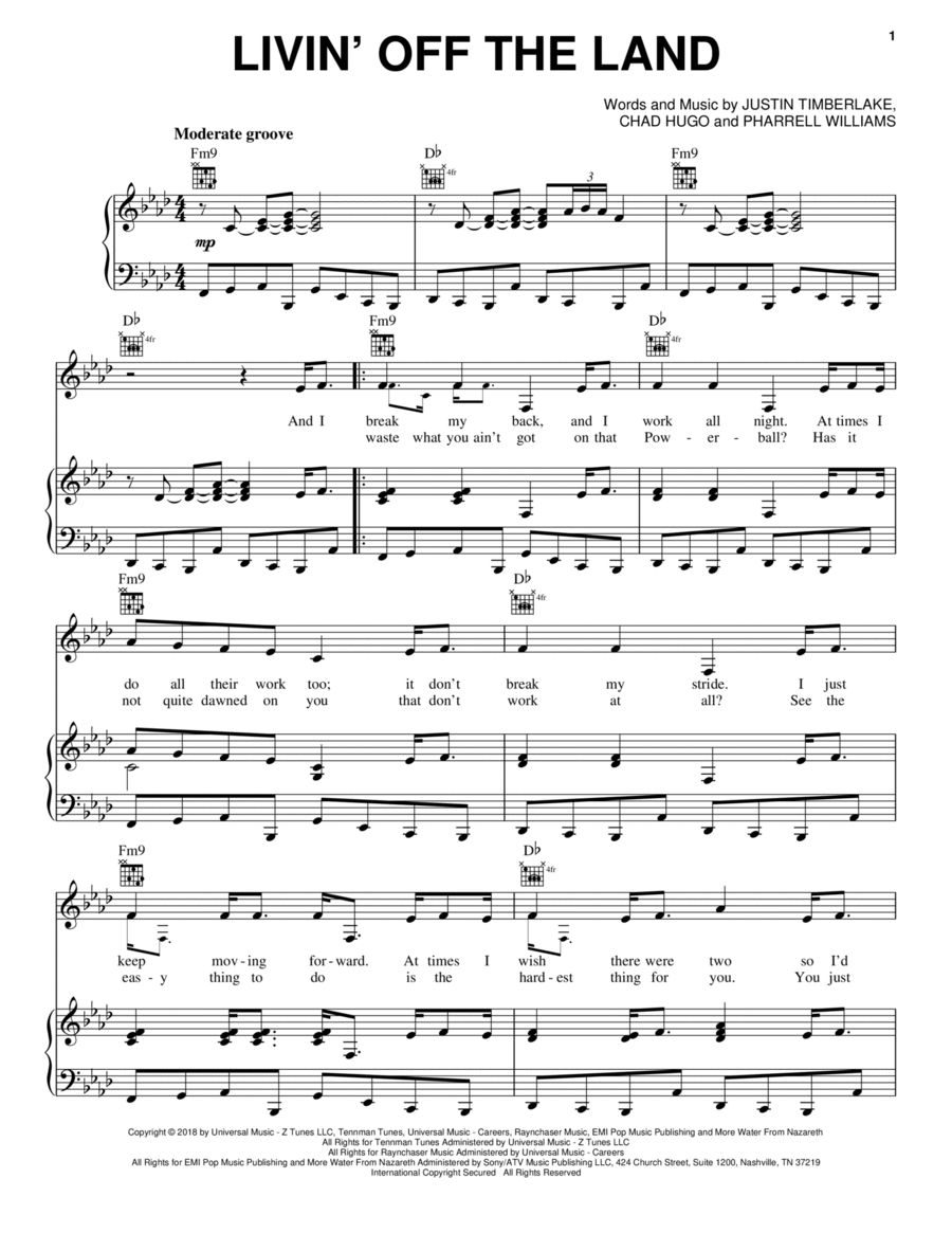 Livin' Off The Land Piano, Vocal, Guitar scores gallery preview page 1