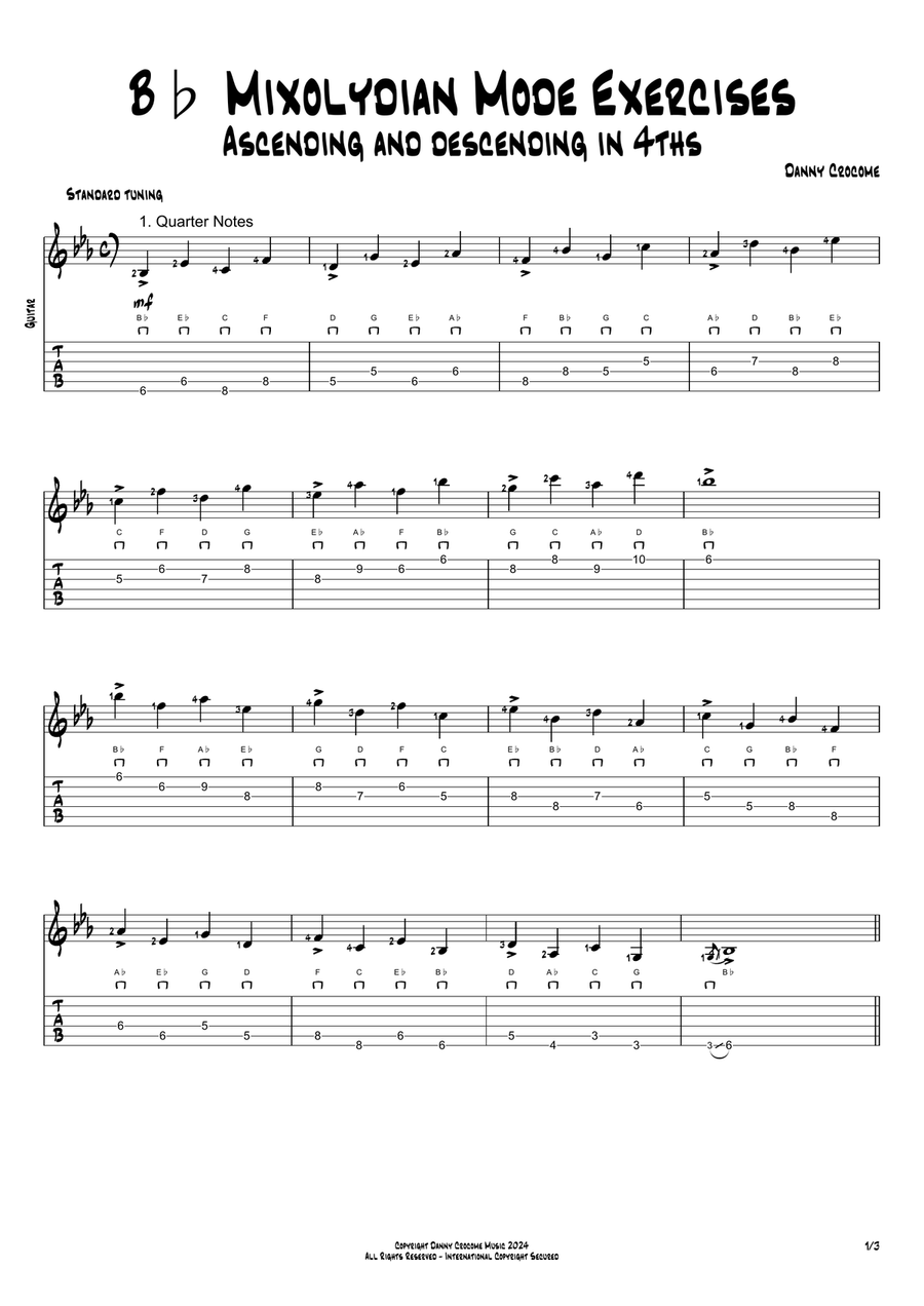 Bb Mixolydian Mode Exercises - Ascending and Descending in 4ths Acoustic Guitar scores gallery preview page 1
